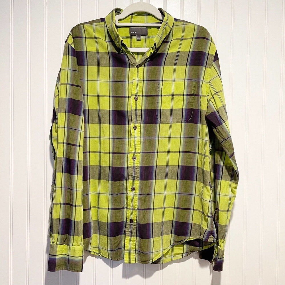Vince Green Plaid Lightweight Button Down Shirt Size Large